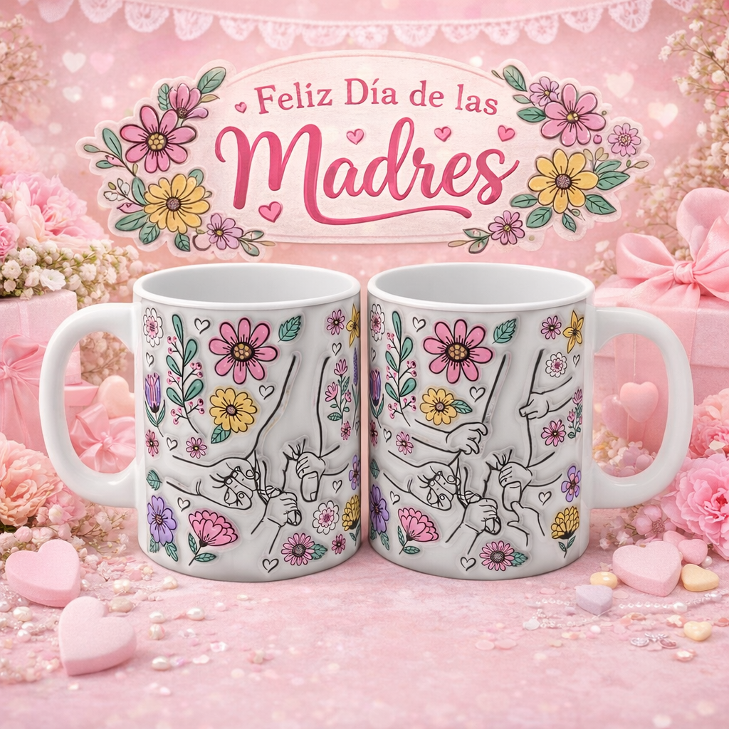 Plantilla Día de las Madres para Tazas – Diseño Floral con 6 Opciones de Manos de Hijos