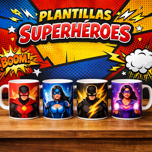 Plantillas de Héroes para Tazas – Incluye PSD y Mockups- pack 15 plantillas