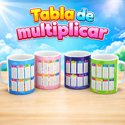 Plantillas para Tazas – Tablas de Multiplicar con Personajes | PNG + PSD + Mockup 12 plantillas