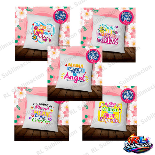 Pack de 5 Diseños para Cojines Día de las Madres – PNG, PDF y Mockups